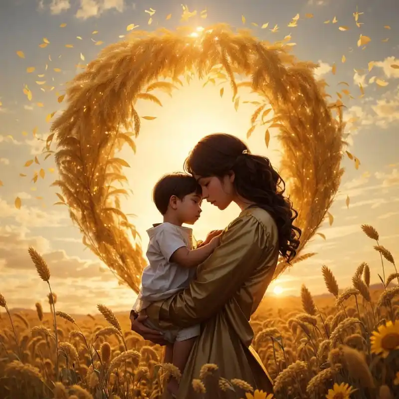 Mother holding a child in a field with a heart shaped wheat sheaf surrounding them